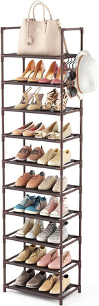 10 Tiers Tall Shoe Rack 20-25 Pairs Boots Organizer Storage Sturdy Narrow Shoe Shelf for Entryway, Closets with Hooks, Black - Grand Goldman