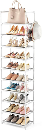 10 Tiers Tall Shoe Rack 20-25 Pairs Boots Organizer Storage Sturdy Narrow Shoe Shelf for Entryway, Closets with Hooks, Black - Grand Goldman