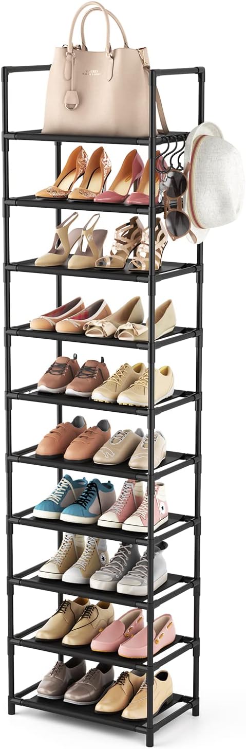 10 Tiers Tall Shoe Rack 20-25 Pairs Boots Organizer Storage Sturdy Narrow Shoe Shelf for Entryway, Closets with Hooks, Black - Grand Goldman