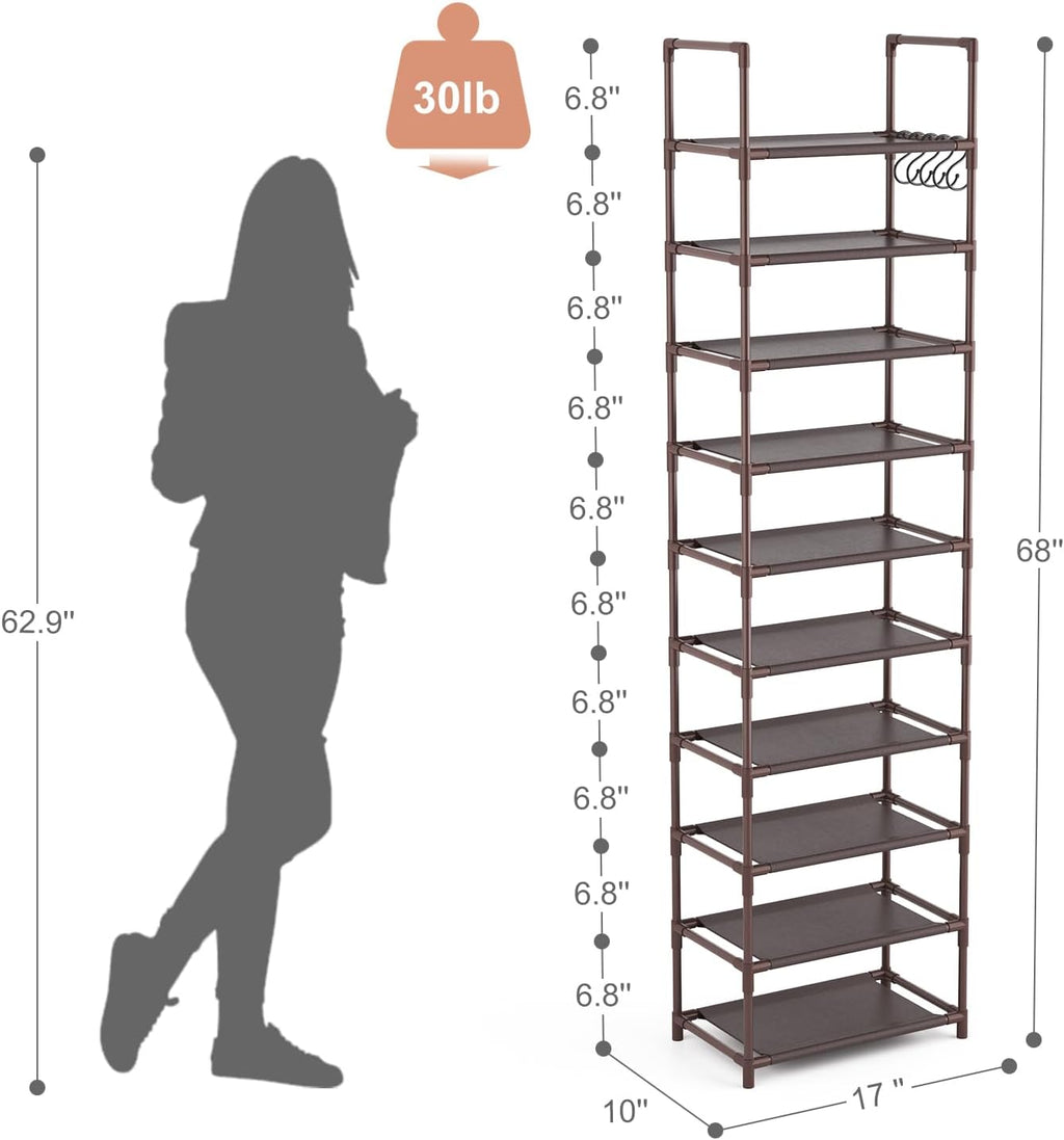 10 Tiers Tall Shoe Rack 20-25 Pairs Boots Organizer Storage Sturdy Narrow Shoe Shelf for Entryway, Closets with Hooks, Black - Grand Goldman