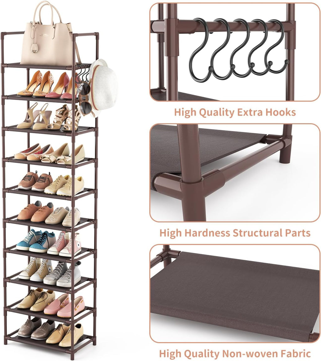 10 Tiers Tall Shoe Rack 20-25 Pairs Boots Organizer Storage Sturdy Narrow Shoe Shelf for Entryway, Closets with Hooks, Black - Grand Goldman
