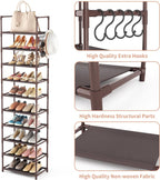 10 Tiers Tall Shoe Rack 20-25 Pairs Boots Organizer Storage Sturdy Narrow Shoe Shelf for Entryway, Closets with Hooks, Black - Grand Goldman