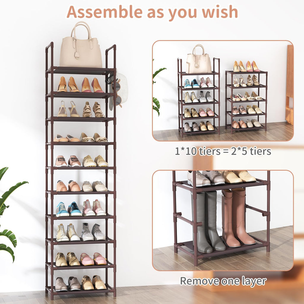 10 Tiers Tall Shoe Rack 20-25 Pairs Boots Organizer Storage Sturdy Narrow Shoe Shelf for Entryway, Closets with Hooks, Black - Grand Goldman