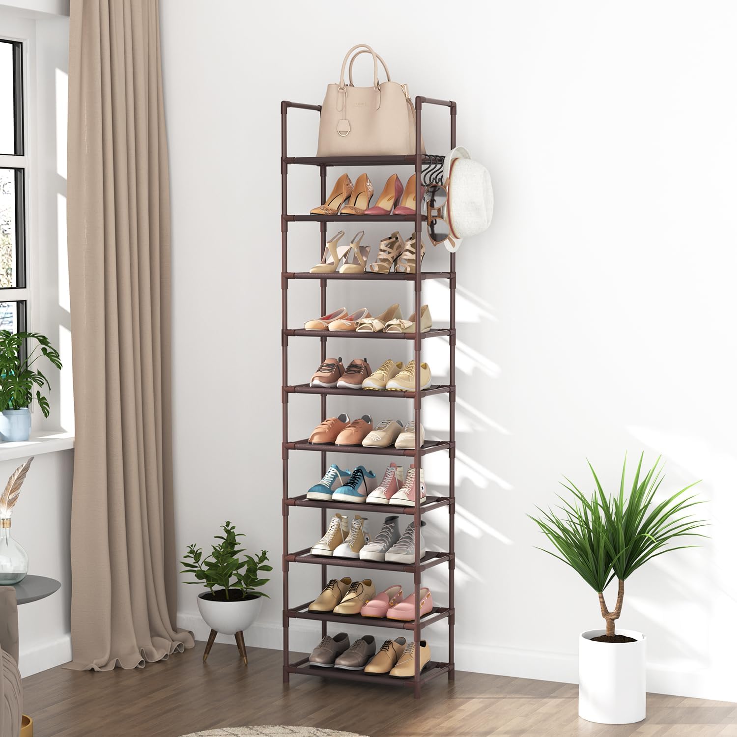 10 Tiers Tall Shoe Rack 20-25 Pairs Boots Organizer Storage Sturdy Narrow Shoe Shelf for Entryway, Closets with Hooks, Black - Grand Goldman