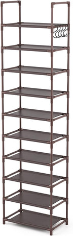 10 Tiers Tall Shoe Rack 20-25 Pairs Boots Organizer Storage Sturdy Narrow Shoe Shelf for Entryway, Closets with Hooks, Black - Grand Goldman