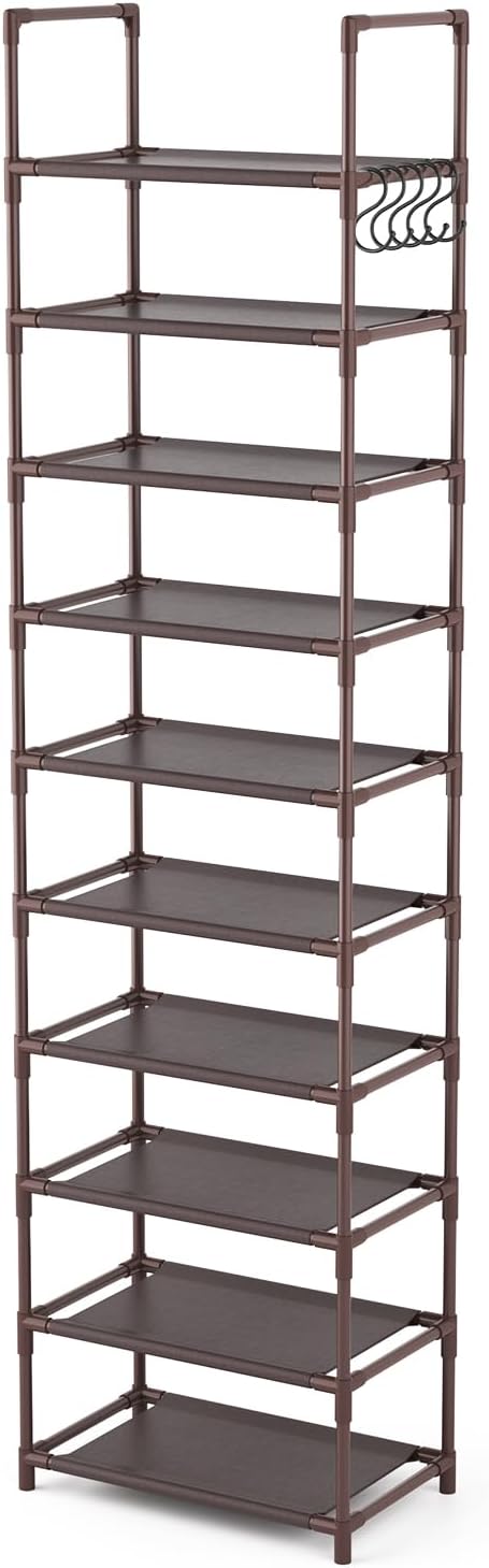 10 Tiers Tall Shoe Rack 20-25 Pairs Boots Organizer Storage Sturdy Narrow Shoe Shelf for Entryway, Closets with Hooks, Black - Grand Goldman