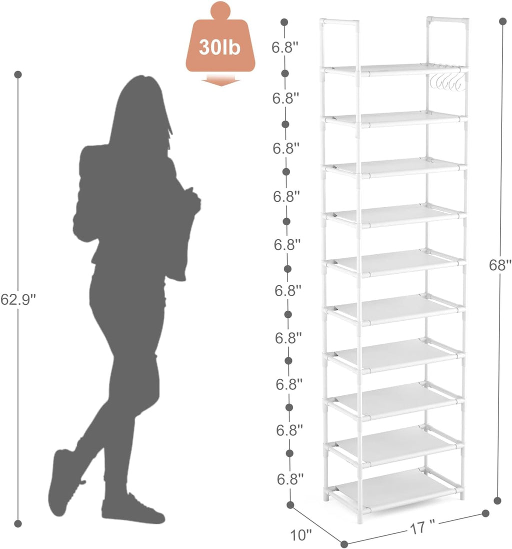 10 Tiers Tall Shoe Rack 20-25 Pairs Boots Organizer Storage Sturdy Narrow Shoe Shelf for Entryway, Closets with Hooks, Black - Grand Goldman