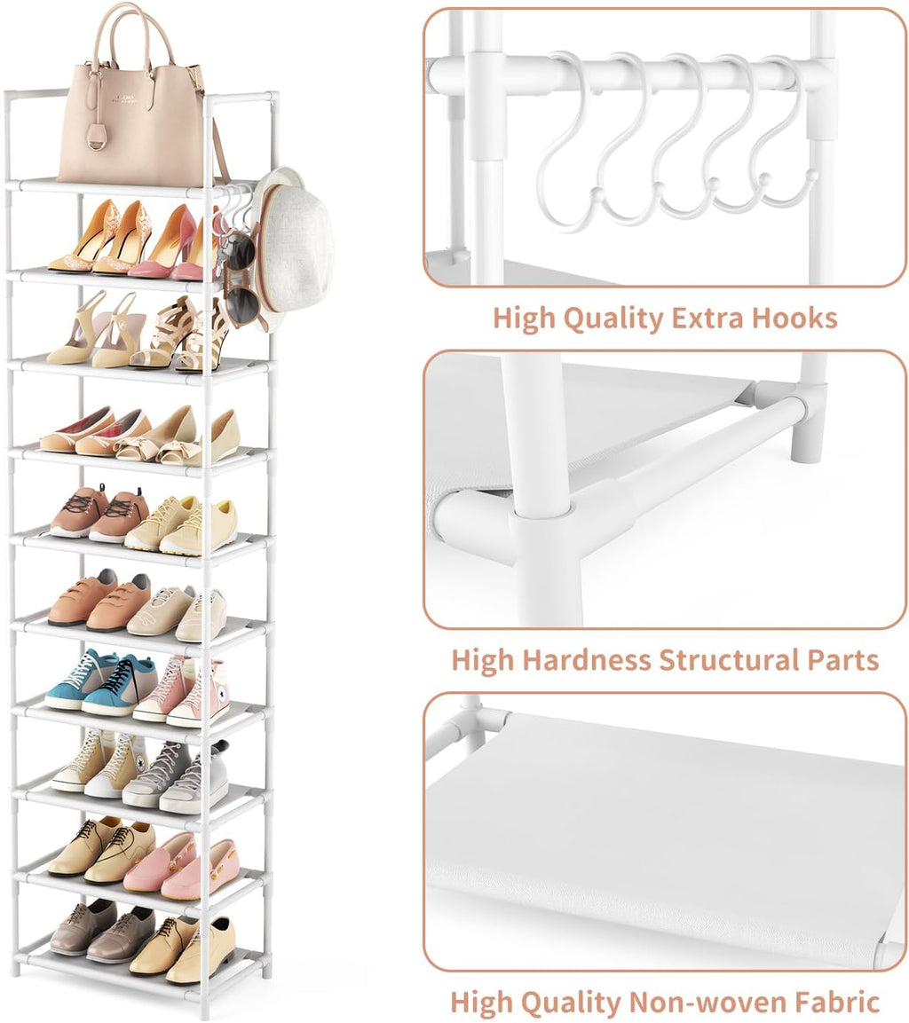 10 Tiers Tall Shoe Rack 20-25 Pairs Boots Organizer Storage Sturdy Narrow Shoe Shelf for Entryway, Closets with Hooks, Black - Grand Goldman
