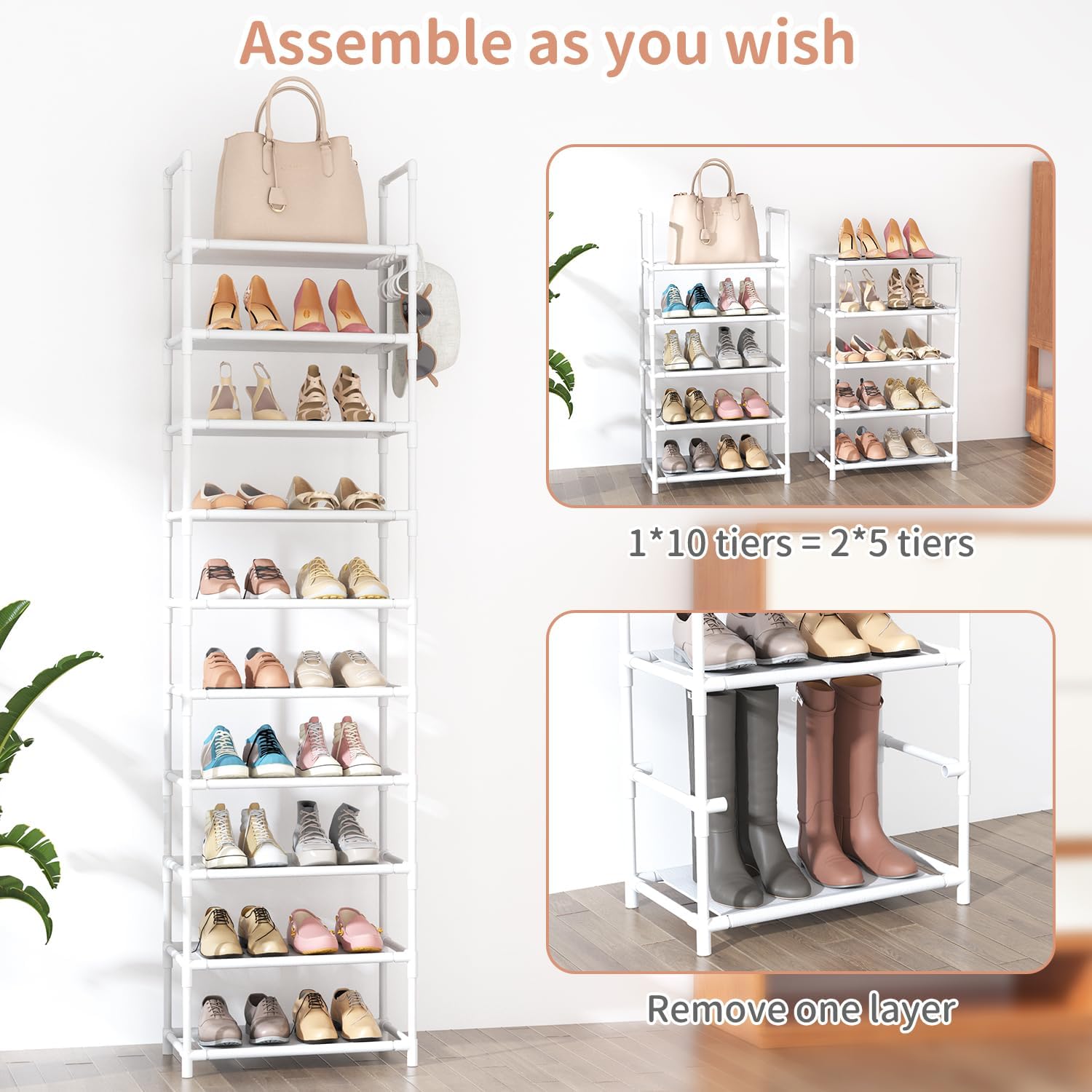 10 Tiers Tall Shoe Rack 20-25 Pairs Boots Organizer Storage Sturdy Narrow Shoe Shelf for Entryway, Closets with Hooks, Black - Grand Goldman