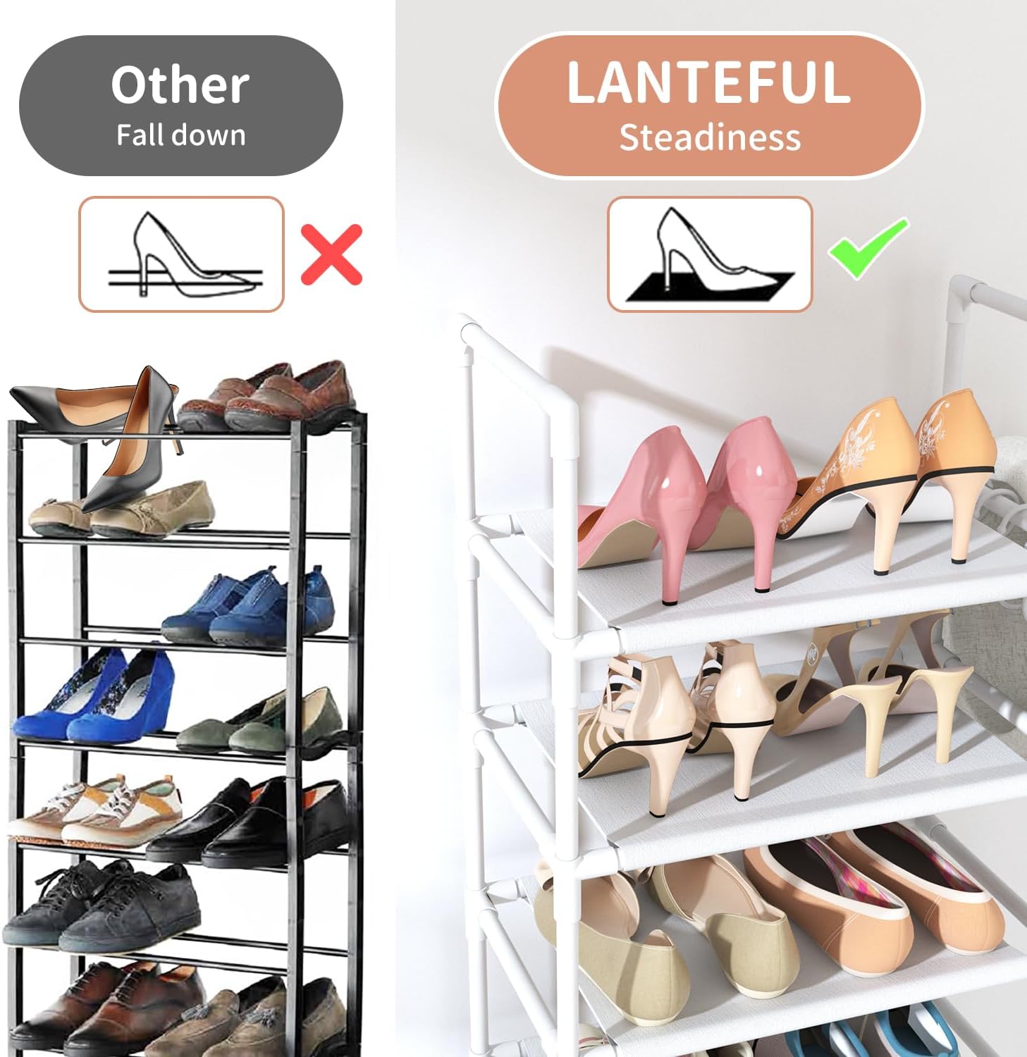 10 Tiers Tall Shoe Rack 20-25 Pairs Boots Organizer Storage Sturdy Narrow Shoe Shelf for Entryway, Closets with Hooks, Black - Grand Goldman