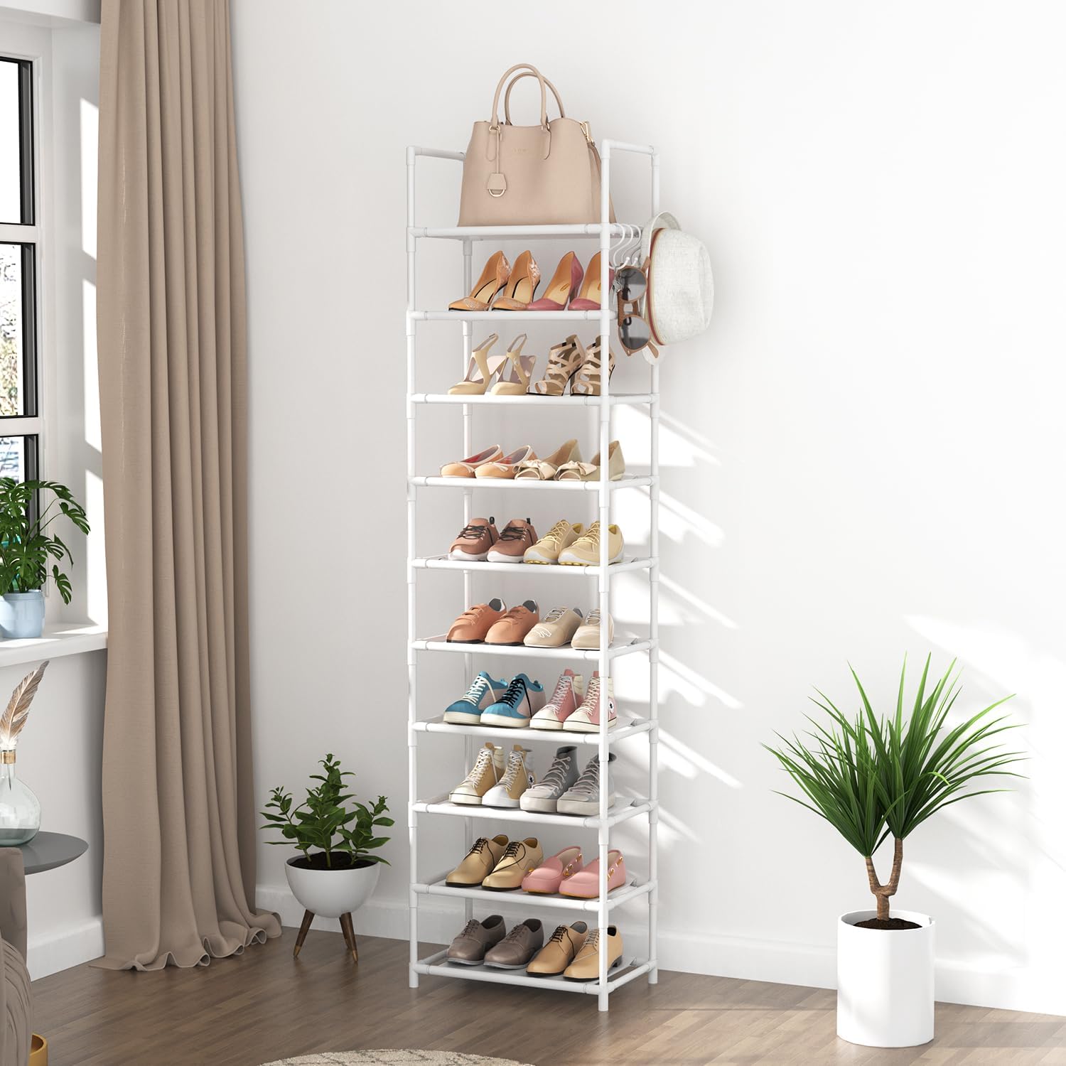 10 Tiers Tall Shoe Rack 20-25 Pairs Boots Organizer Storage Sturdy Narrow Shoe Shelf for Entryway, Closets with Hooks, Black - Grand Goldman