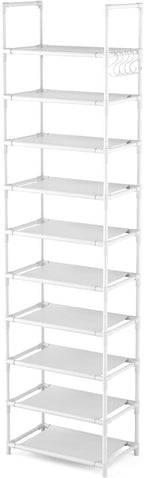 10 Tiers Tall Shoe Rack 20-25 Pairs Boots Organizer Storage Sturdy Narrow Shoe Shelf for Entryway, Closets with Hooks, Black - Grand Goldman