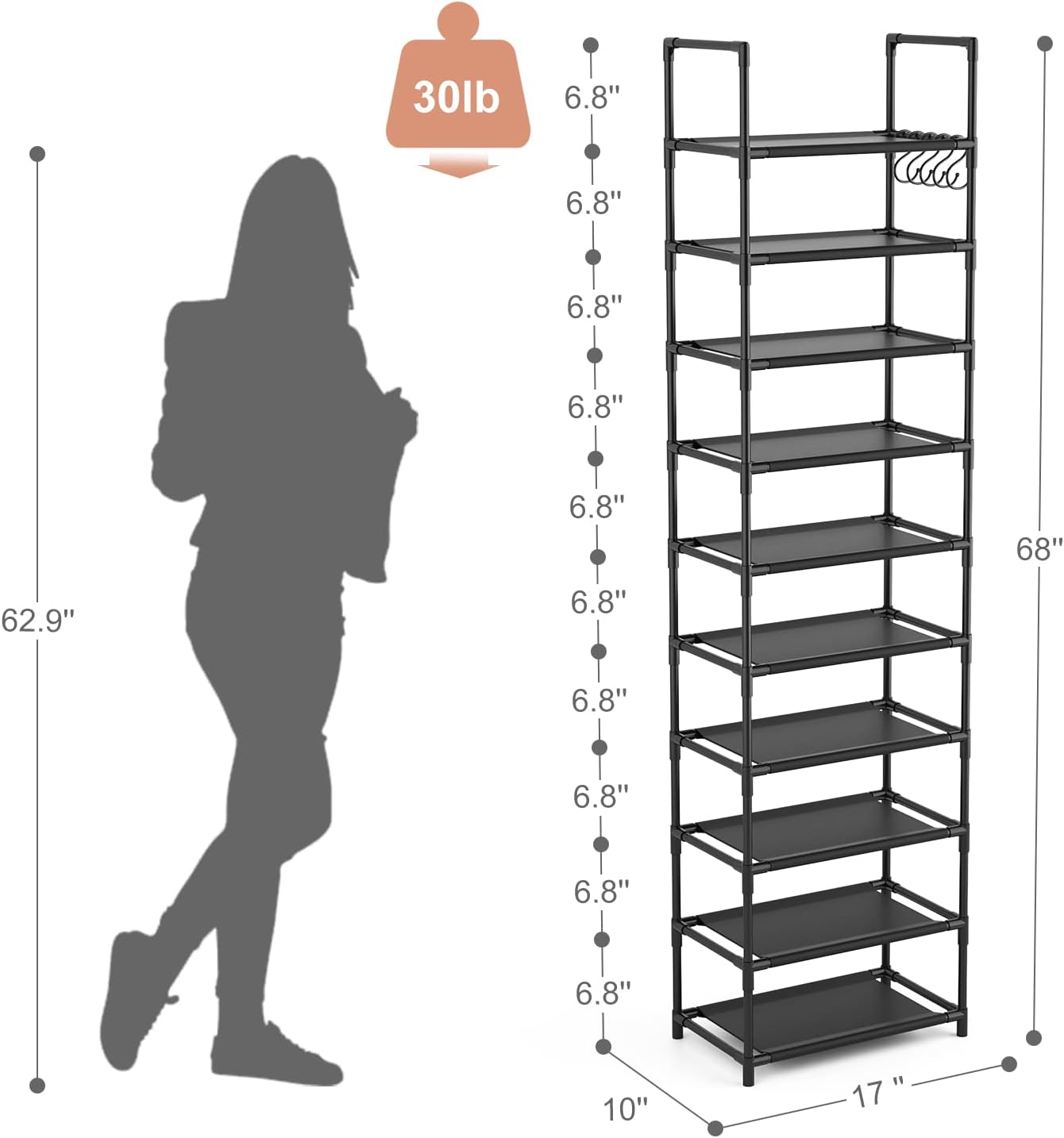 10 Tiers Tall Shoe Rack 20-25 Pairs Boots Organizer Storage Sturdy Narrow Shoe Shelf for Entryway, Closets with Hooks, Black - Grand Goldman