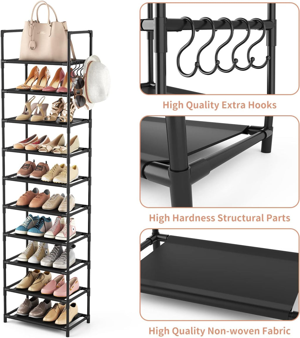 10 Tiers Tall Shoe Rack 20-25 Pairs Boots Organizer Storage Sturdy Narrow Shoe Shelf for Entryway, Closets with Hooks, Black - Grand Goldman
