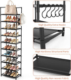 10 Tiers Tall Shoe Rack 20-25 Pairs Boots Organizer Storage Sturdy Narrow Shoe Shelf for Entryway, Closets with Hooks, Black - Grand Goldman