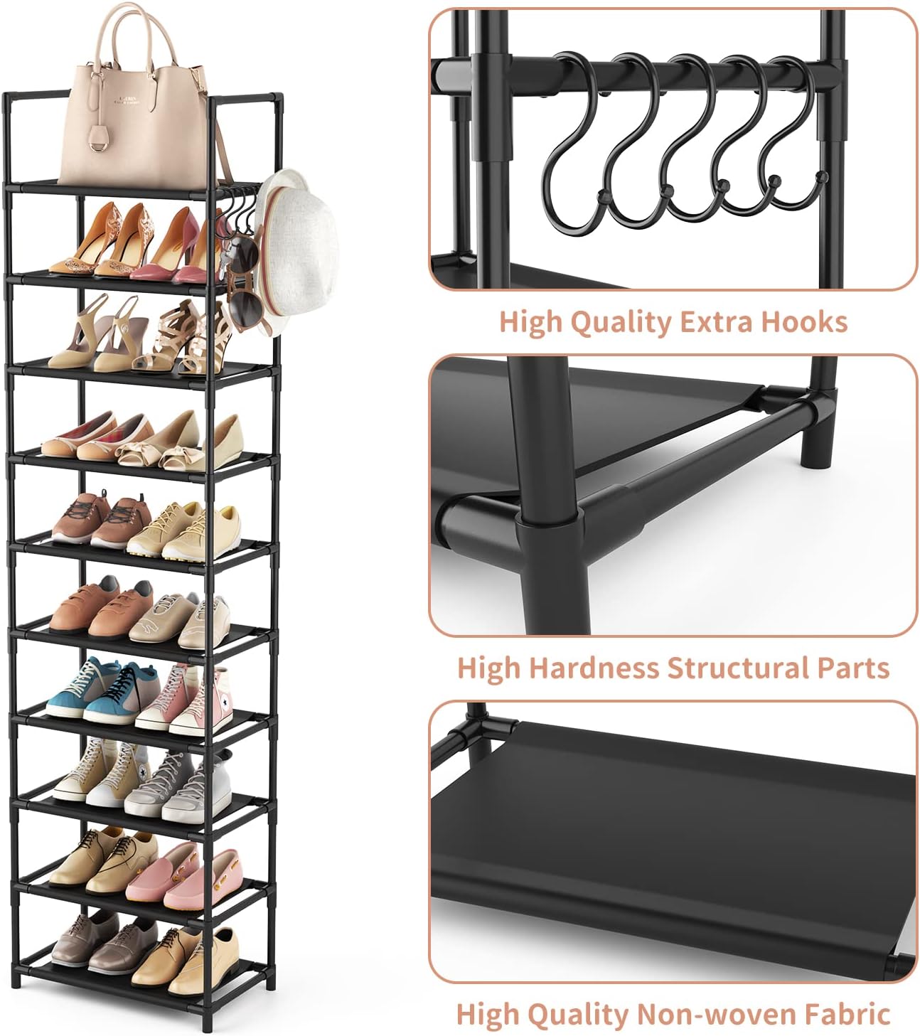 10 Tiers Tall Shoe Rack 20-25 Pairs Boots Organizer Storage Sturdy Narrow Shoe Shelf for Entryway, Closets with Hooks, Black - Grand Goldman