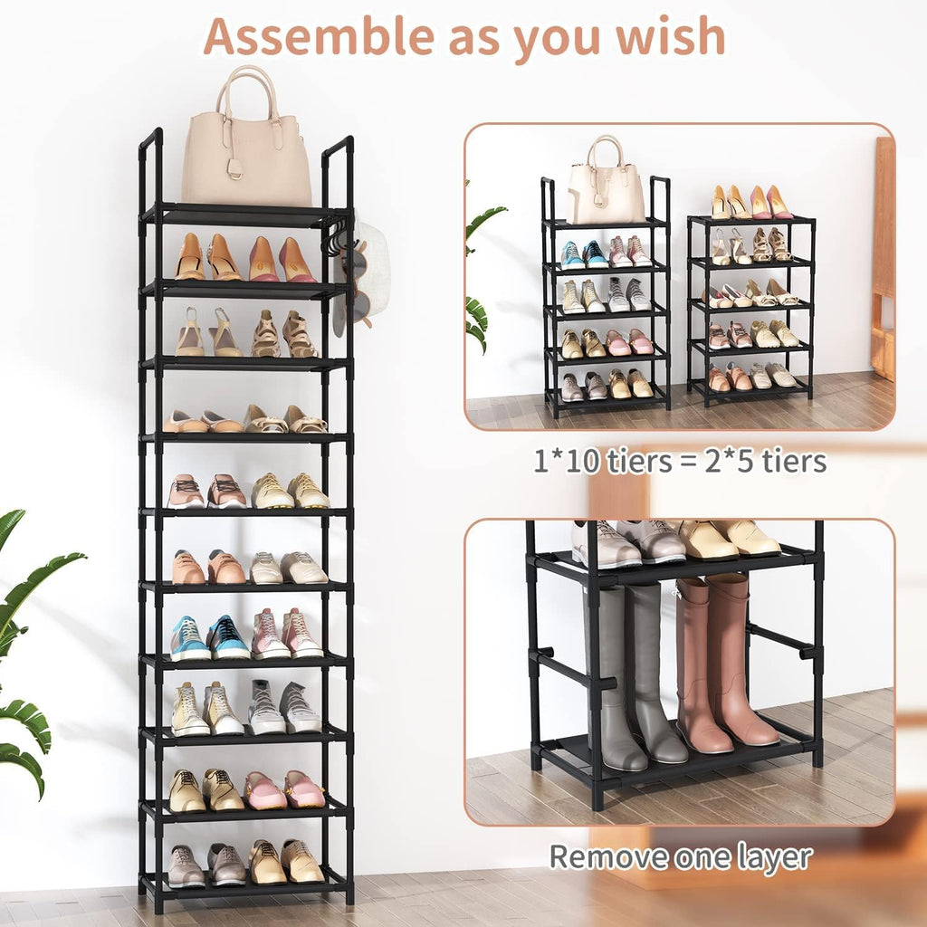 10 Tiers Tall Shoe Rack 20-25 Pairs Boots Organizer Storage Sturdy Narrow Shoe Shelf for Entryway, Closets with Hooks, Black - Grand Goldman