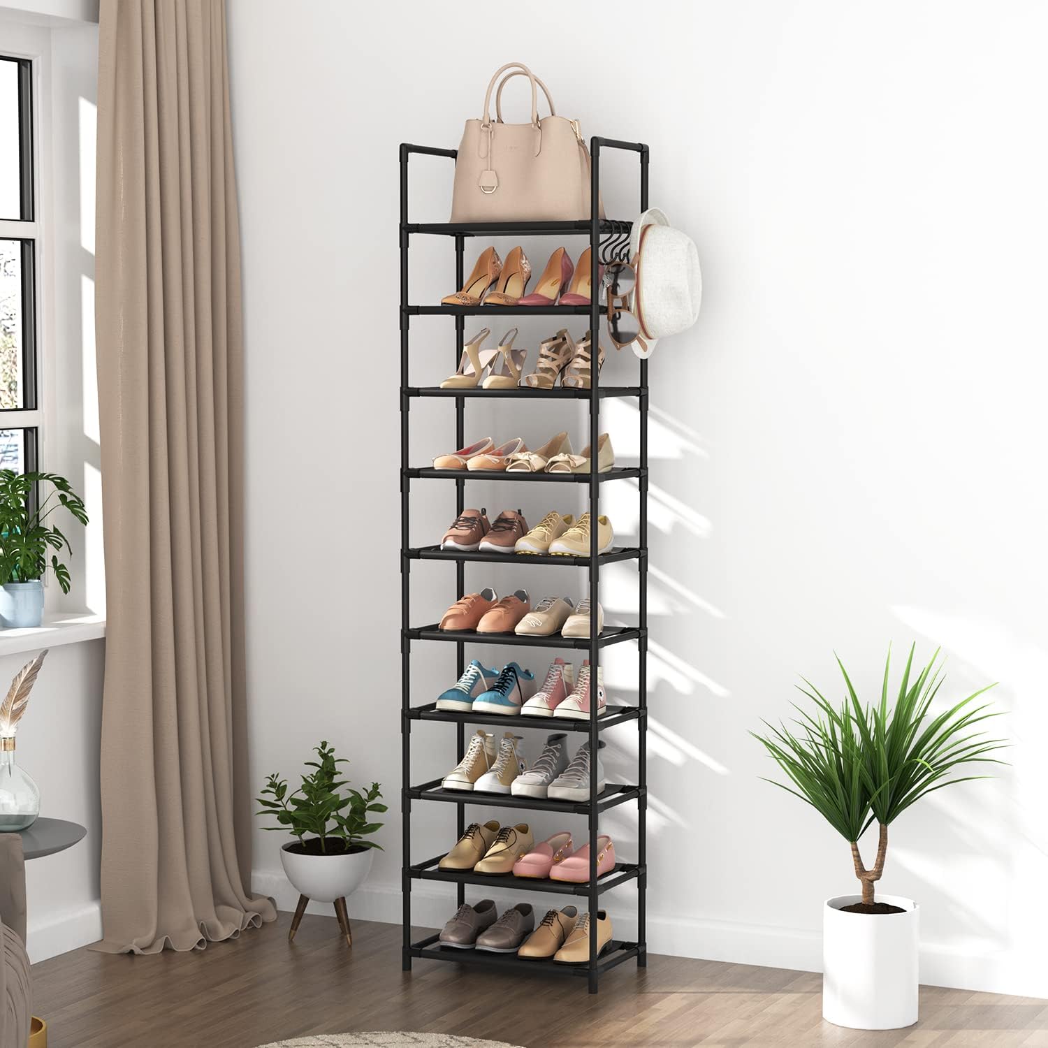 10 Tiers Tall Shoe Rack 20-25 Pairs Boots Organizer Storage Sturdy Narrow Shoe Shelf for Entryway, Closets with Hooks, Black - Grand Goldman