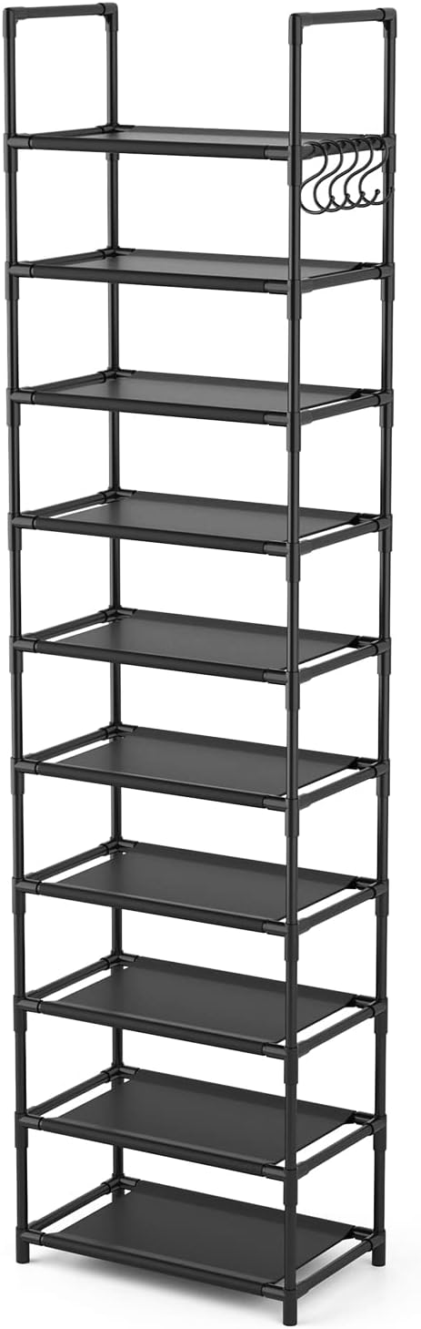 10 Tiers Tall Shoe Rack 20-25 Pairs Boots Organizer Storage Sturdy Narrow Shoe Shelf for Entryway, Closets with Hooks, Black - Grand Goldman