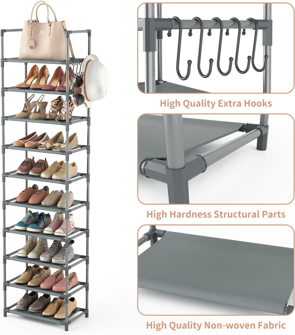 10 Tiers Tall Shoe Rack 20-25 Pairs Boots Organizer Storage Sturdy Narrow Shoe Shelf for Entryway, Closets with Hooks, Black - Grand Goldman