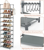 10 Tiers Tall Shoe Rack 20-25 Pairs Boots Organizer Storage Sturdy Narrow Shoe Shelf for Entryway, Closets with Hooks, Black - Grand Goldman