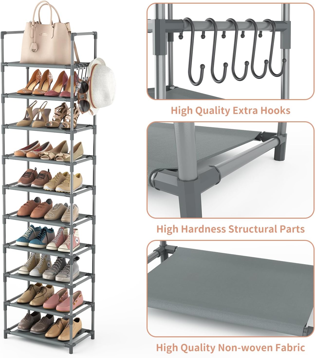 10 Tiers Tall Shoe Rack 20-25 Pairs Boots Organizer Storage Sturdy Narrow Shoe Shelf for Entryway, Closets with Hooks, Black - Grand Goldman