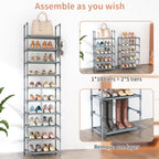 10 Tiers Tall Shoe Rack 20-25 Pairs Boots Organizer Storage Sturdy Narrow Shoe Shelf for Entryway, Closets with Hooks, Black - Grand Goldman