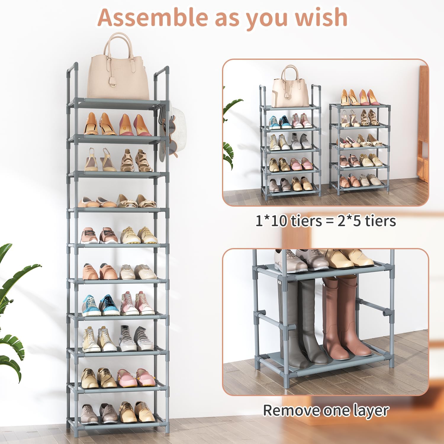 10 Tiers Tall Shoe Rack 20-25 Pairs Boots Organizer Storage Sturdy Narrow Shoe Shelf for Entryway, Closets with Hooks, Black - Grand Goldman