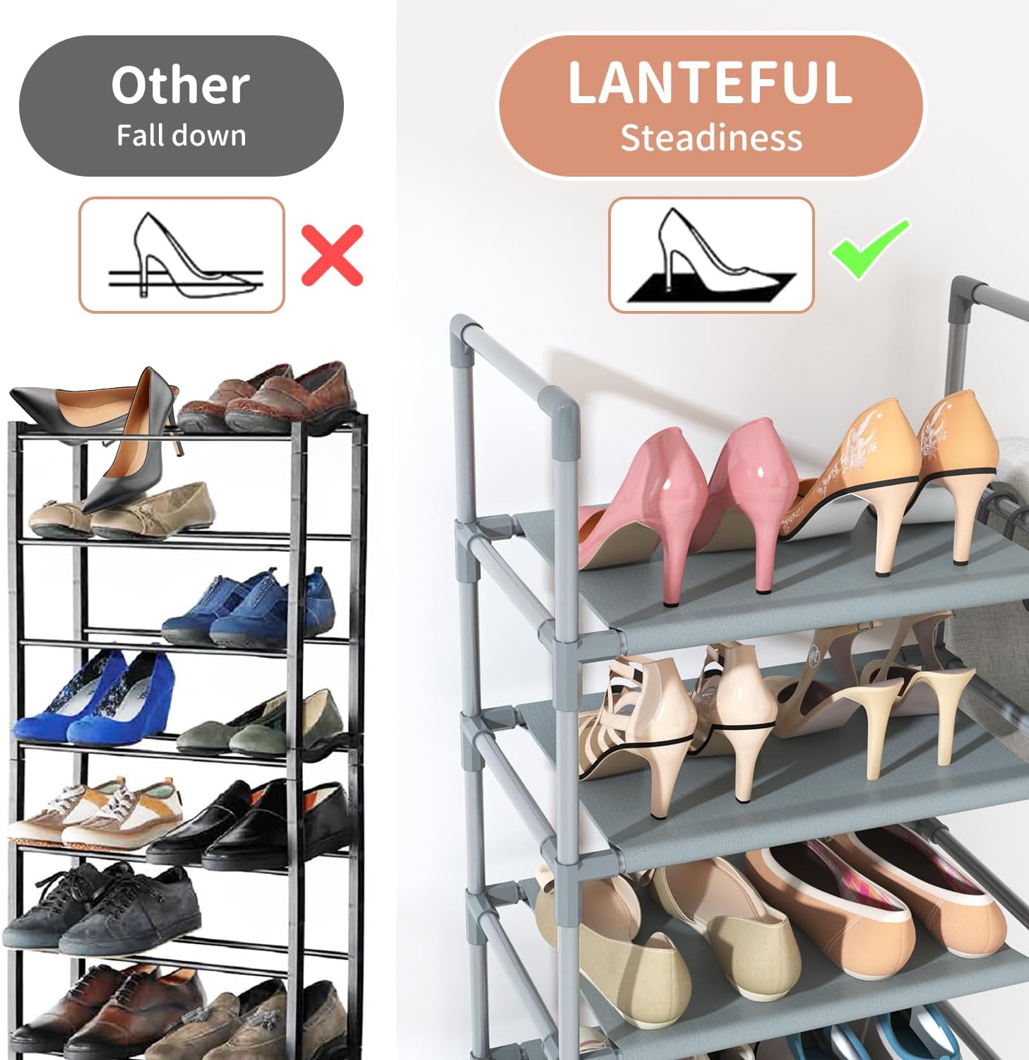 10 Tiers Tall Shoe Rack 20-25 Pairs Boots Organizer Storage Sturdy Narrow Shoe Shelf for Entryway, Closets with Hooks, Black - Grand Goldman