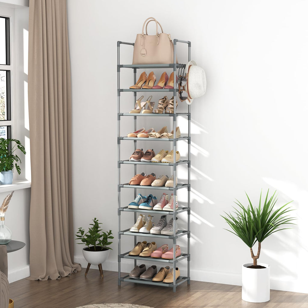 10 Tiers Tall Shoe Rack 20-25 Pairs Boots Organizer Storage Sturdy Narrow Shoe Shelf for Entryway, Closets with Hooks, Black - Grand Goldman
