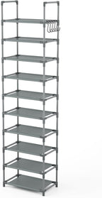 10 Tiers Tall Shoe Rack 20-25 Pairs Boots Organizer Storage Sturdy Narrow Shoe Shelf for Entryway, Closets with Hooks, Black - Grand Goldman