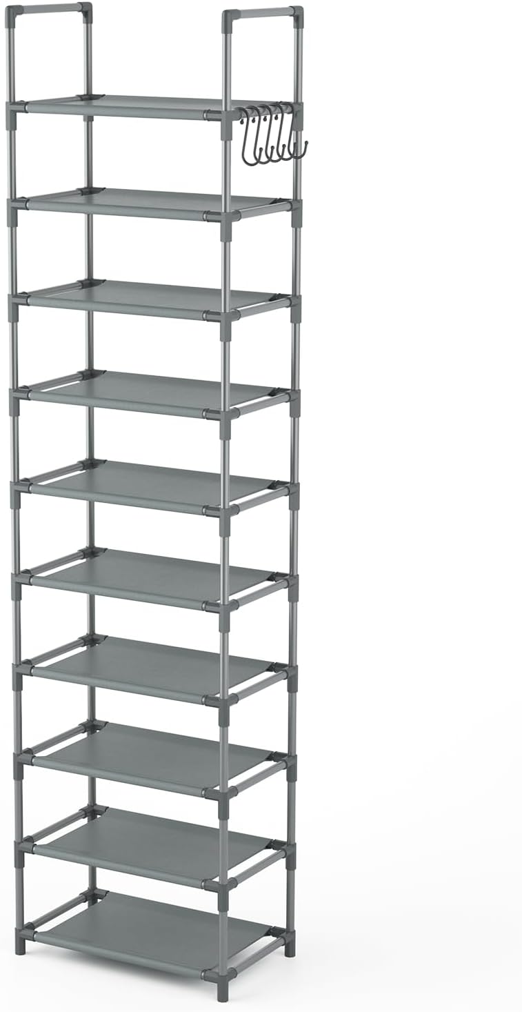 10 Tiers Tall Shoe Rack 20-25 Pairs Boots Organizer Storage Sturdy Narrow Shoe Shelf for Entryway, Closets with Hooks, Black - Grand Goldman
