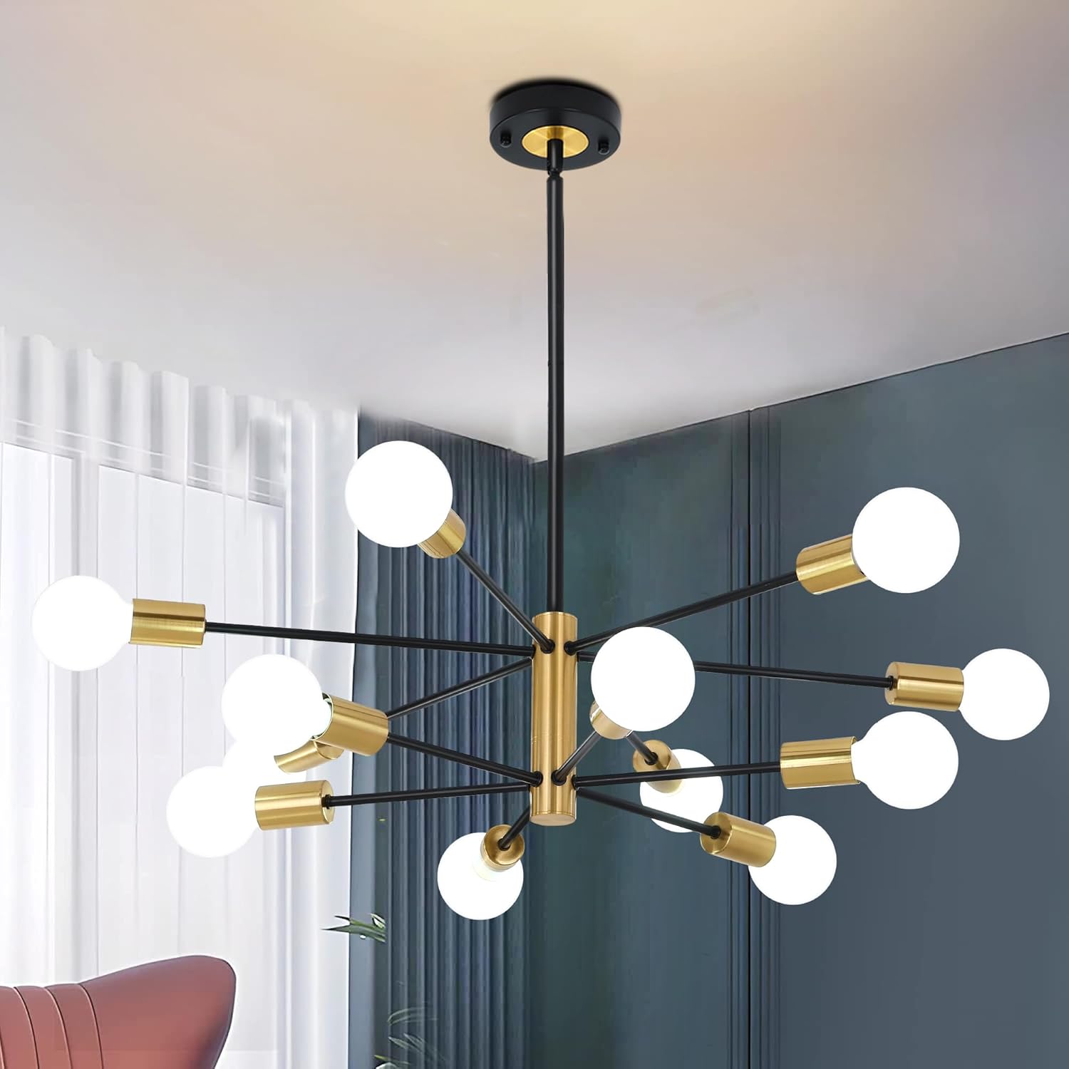 12-Light Modern Sputnik Chandelier, Mid Century Black Gold Ceiling Chandeliers,E26 Base,Branch Height Adjustable Pendant Lighting Fixture for Kitchen Island Dining Room Living Room Bedroom - Grand Goldman