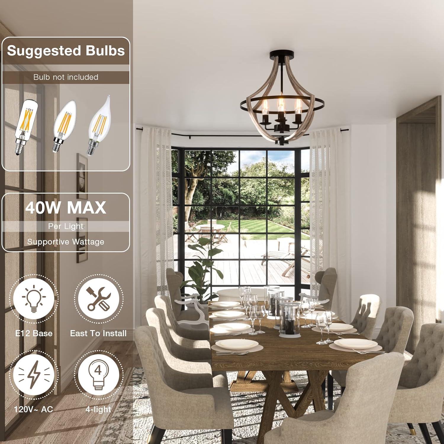 16.5" Farmhouse Light Fixtures Chandelier, 4-Light Rustic Flush Mount Ceiling Light, Modern Faux Wood Light Fixture for Dining Room Kitchen Foyer Hallway Entryway Bedroom Closet - Grand Goldman