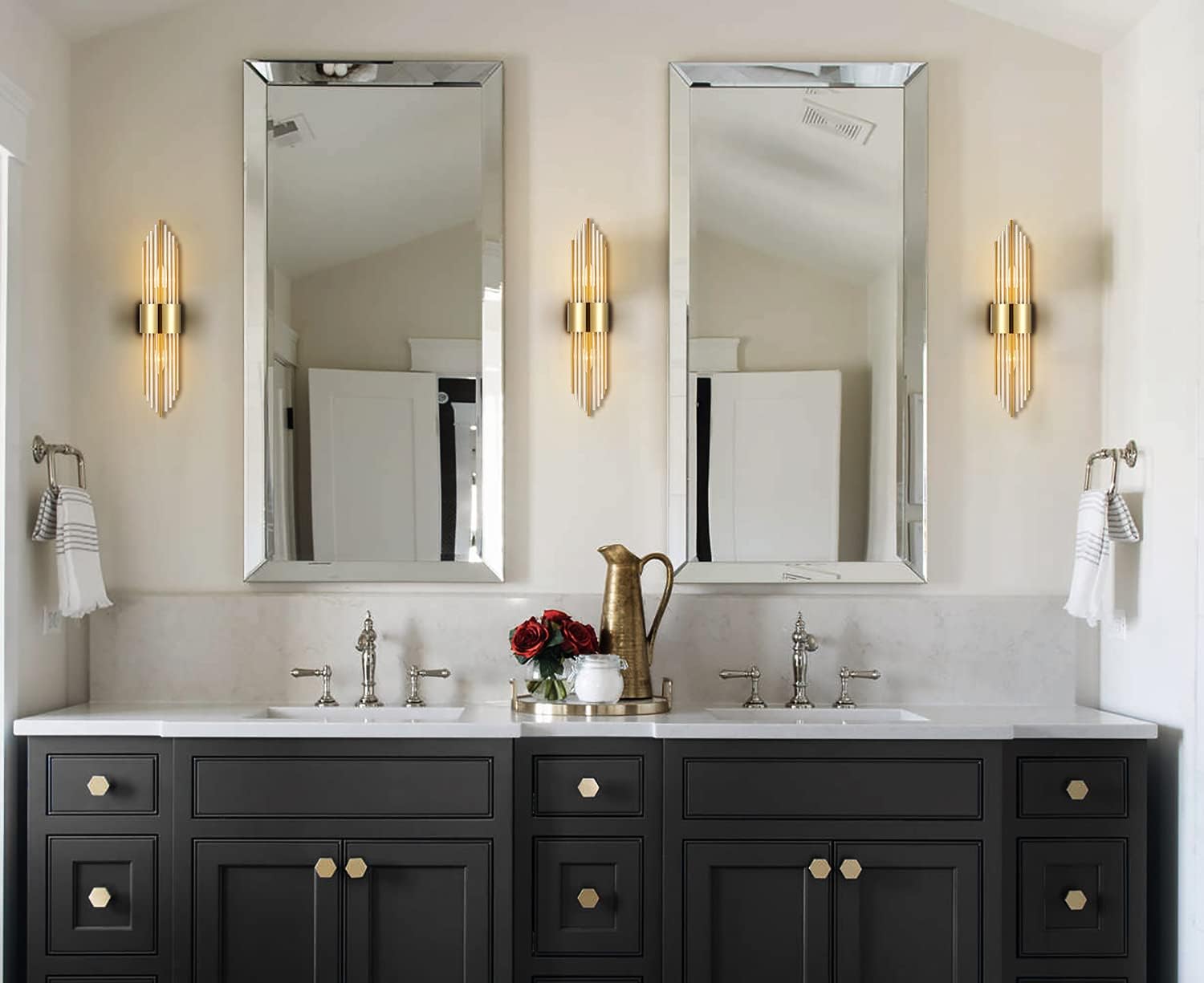 2-Light Modern Brushed Titanium Gold Wall Sconce with Clear Glass Crystal Luxury Wall Light Fixtures for Bedroom Living Room Bathroom Vanity Mirror Light Fixtures Set of 2 - Grand Goldman