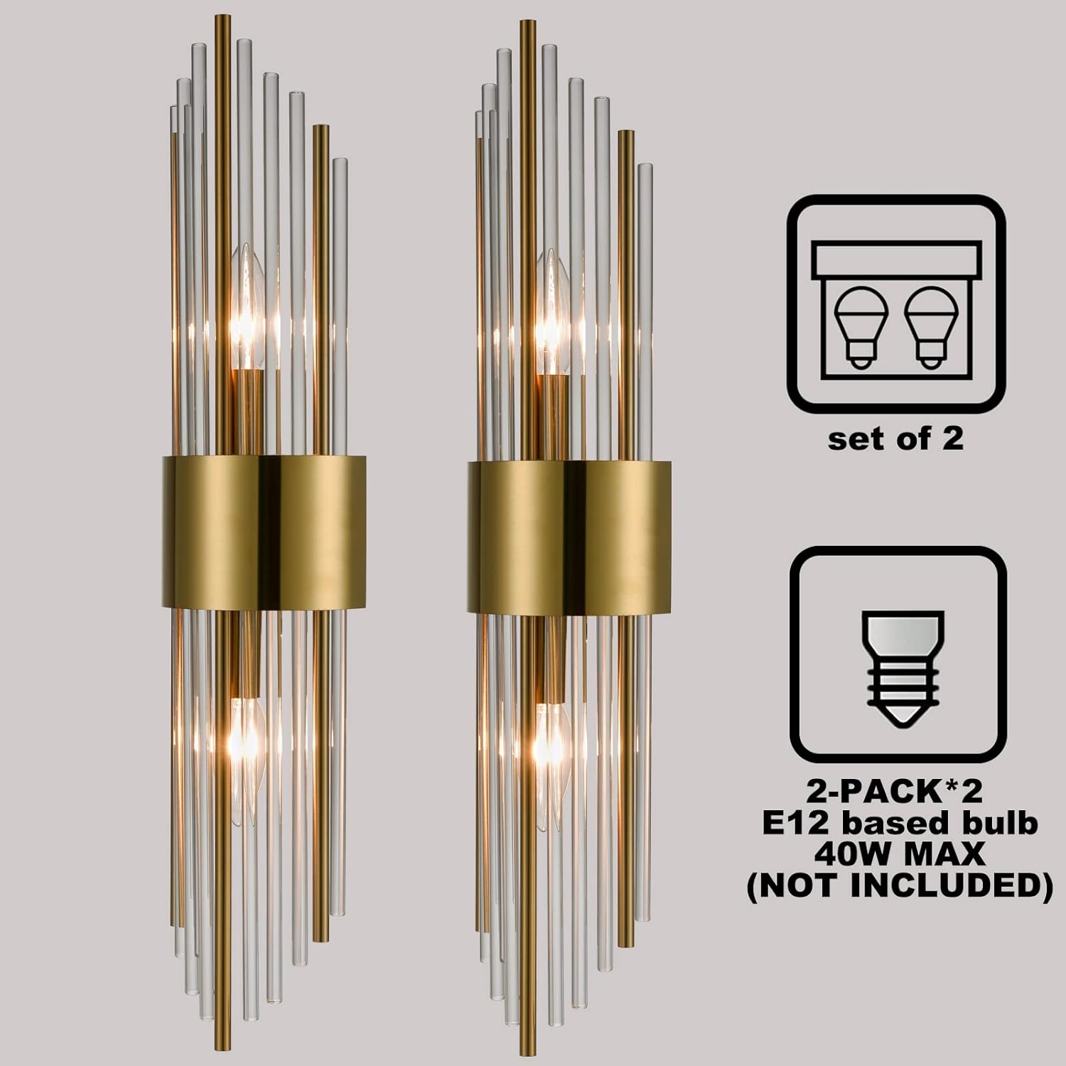 2-Light Modern Brushed Titanium Gold Wall Sconce with Clear Glass Crystal Luxury Wall Light Fixtures for Bedroom Living Room Bathroom Vanity Mirror Light Fixtures Set of 2 - Grand Goldman