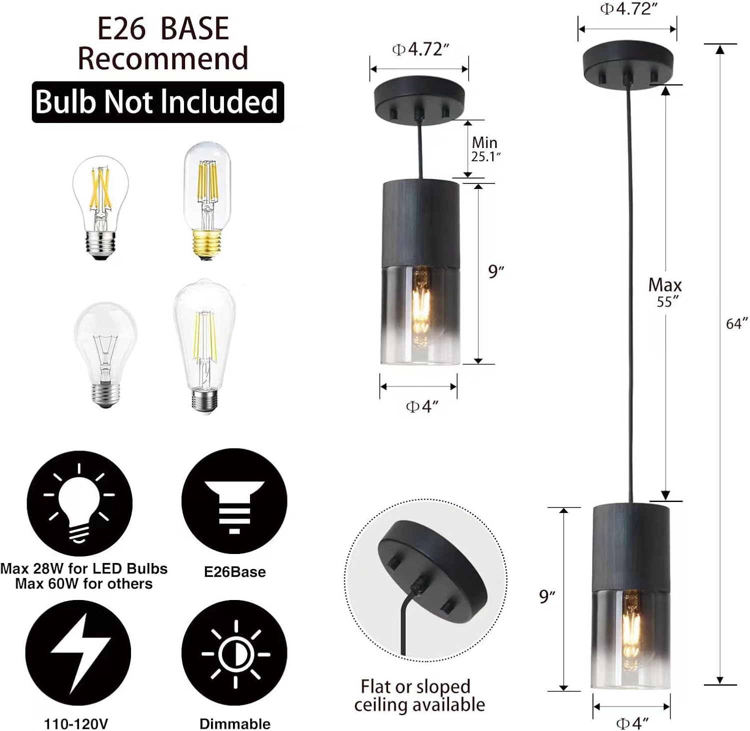 2-Pack Black Pendant Light Fixtures, Adjustable Modern Pendant Lights for Kitchen Island, Industrial Glass Pendant Lights for Dining Table Hallway Bedroom Living Room - Grand Goldman