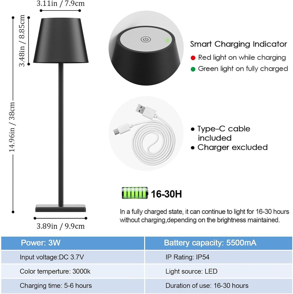 2-Pack LED Cordless Table Lamp, Rechargeable Battery Desk lamp 3W 5500mAh Battery Operated Stepless Dimming Modern Portable Table Light for Restaurant/Dinner/Bedroom/Outdoor IP54 Waterproof (Black) - Grand Goldman