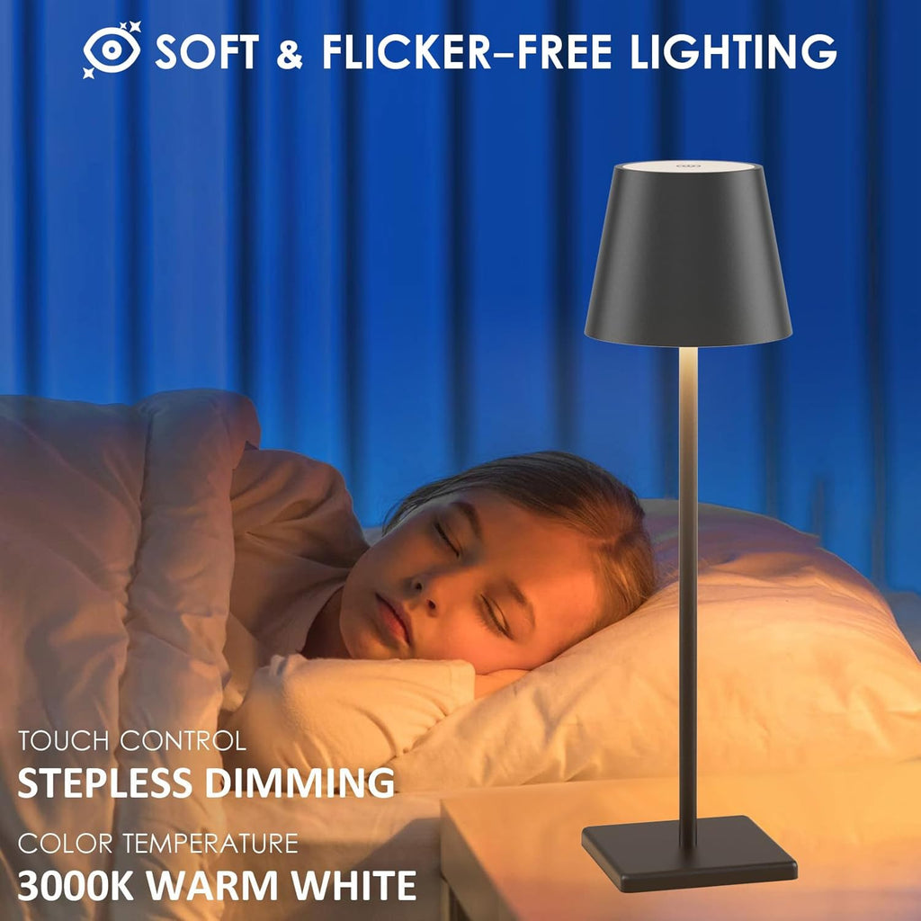 2-Pack LED Cordless Table Lamp, Rechargeable Battery Desk lamp 3W 5500mAh Battery Operated Stepless Dimming Modern Portable Table Light for Restaurant/Dinner/Bedroom/Outdoor IP54 Waterproof (Black) - Grand Goldman