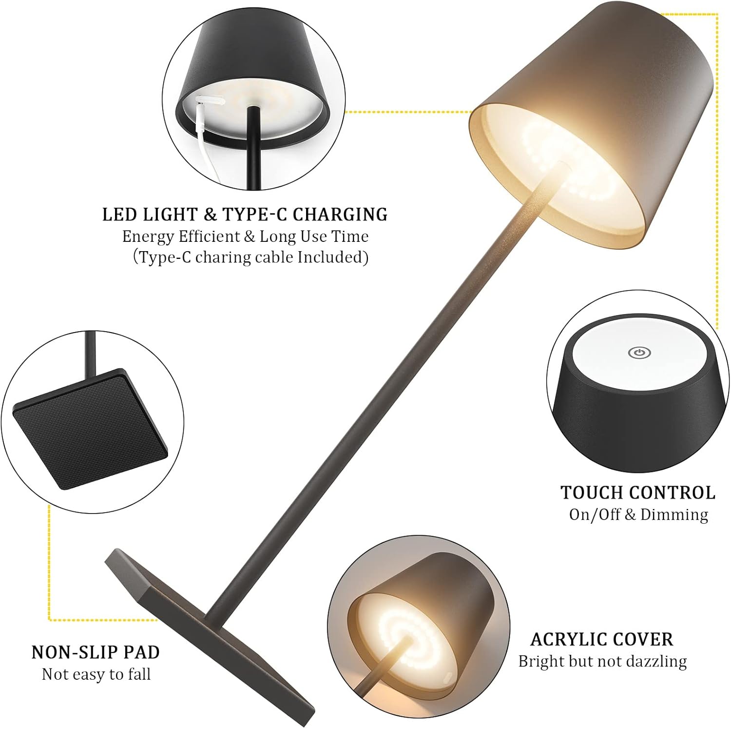 2-Pack LED Cordless Table Lamp, Rechargeable Battery Desk lamp 3W 5500mAh Battery Operated Stepless Dimming Modern Portable Table Light for Restaurant/Dinner/Bedroom/Outdoor IP54 Waterproof (Black) - Grand Goldman