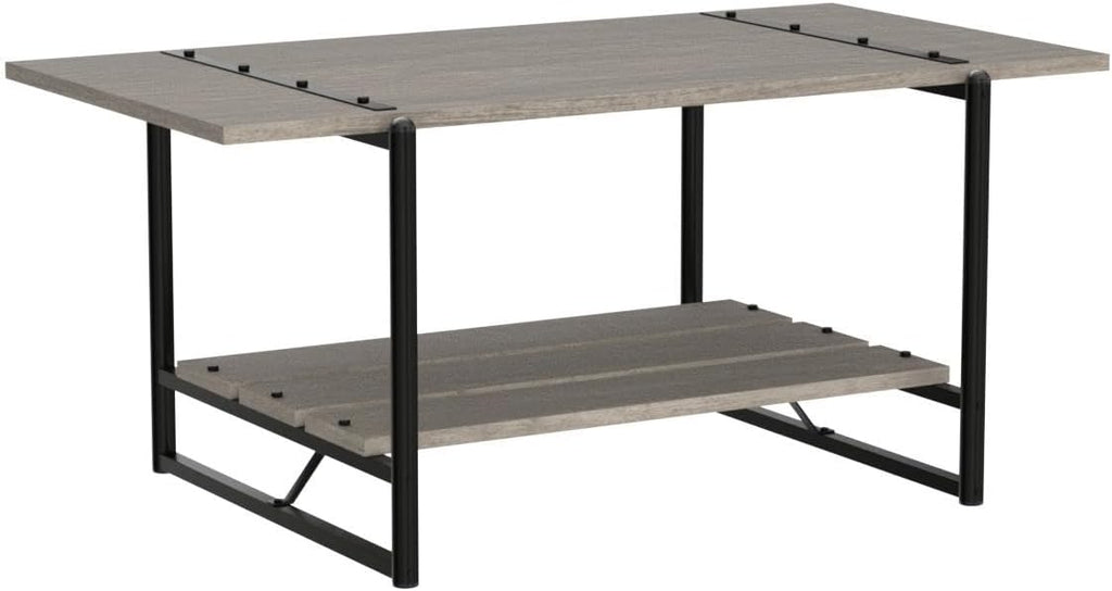 2-Tier Farmhouse 41'' Large Gray Wood Coffee Table with Storage Shelf -Modern Rustic Metal Rectangle Center Living Room Coffee Table Accent Furniture for Home Office,Easy Assembly(Grey) - Grand Goldman