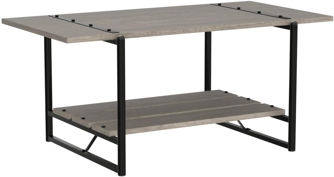 2-Tier Farmhouse 41'' Large Gray Wood Coffee Table with Storage Shelf -Modern Rustic Metal Rectangle Center Living Room Coffee Table Accent Furniture for Home Office,Easy Assembly(Grey) - Grand Goldman