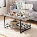 2-Tier Farmhouse 41'' Large Gray Wood Coffee Table with Storage Shelf -Modern Rustic Metal Rectangle Center Living Room Coffee Table Accent Furniture for Home Office,Easy Assembly(Grey) - Grand Goldman
