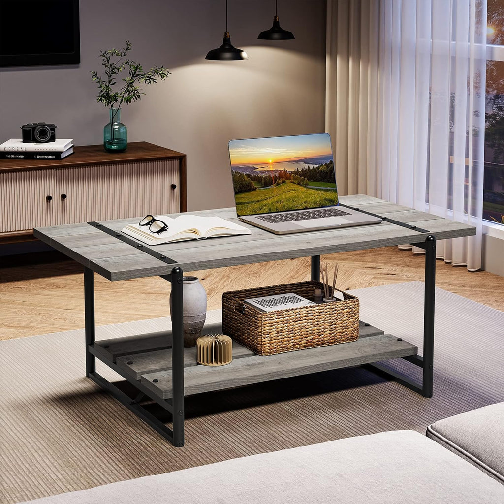 2-Tier Farmhouse 41'' Large Gray Wood Coffee Table with Storage Shelf -Modern Rustic Metal Rectangle Center Living Room Coffee Table Accent Furniture for Home Office,Easy Assembly(Grey) - Grand Goldman