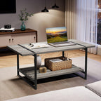 2-Tier Farmhouse 41'' Large Gray Wood Coffee Table with Storage Shelf -Modern Rustic Metal Rectangle Center Living Room Coffee Table Accent Furniture for Home Office,Easy Assembly(Grey) - Grand Goldman