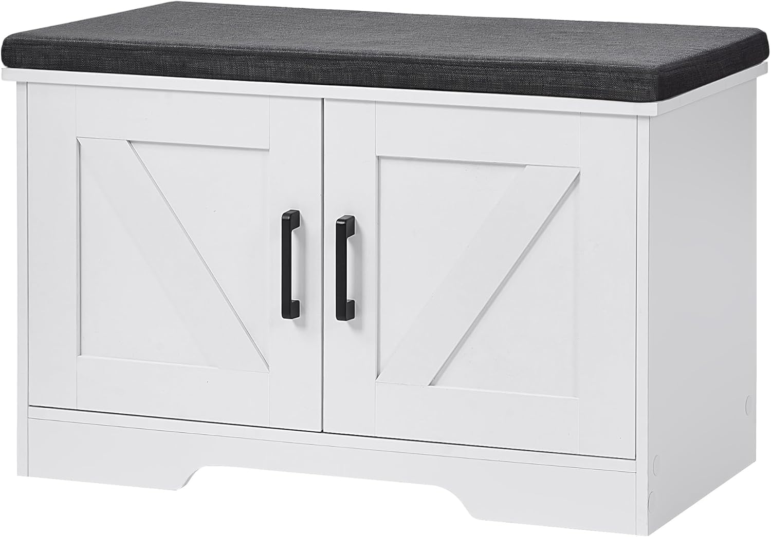 2-Tier Storage Bench, Shoe Bench with Padded Seat Cushion, Entryway Bench with 2 Barn Doors, Adjustable Shelf, 13.8" D x 39.4" W x 17.7" H, for Entryway, Living Room, Bedroom, White - Grand Goldman