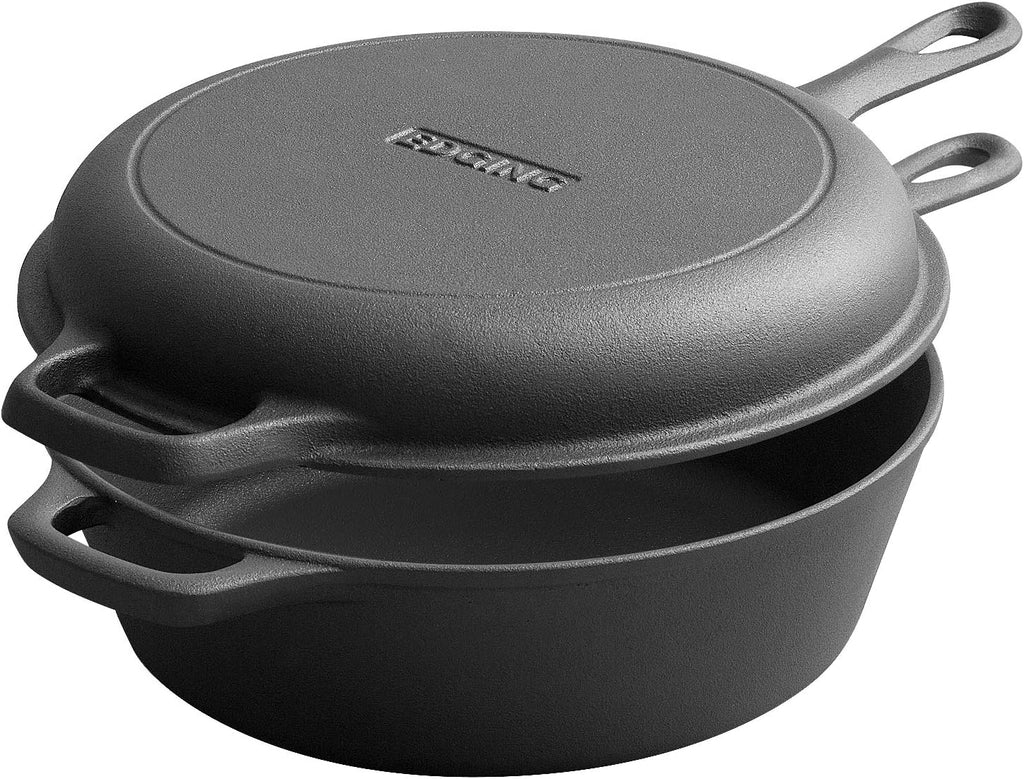 2-in-1 Pre-Seasoned Cast Iron Dutch Oven Pot with Skillet Lid Cooking Pan, Cast Iron Skillet Cookware Pan Set with Dual Handles Indoor Outdoor for Bread, Frying, Baking, Camping, BBQ, 5QT - Grand Goldman
