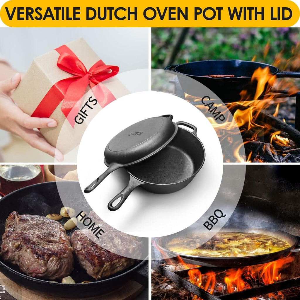 2-in-1 Pre-Seasoned Cast Iron Dutch Oven Pot with Skillet Lid Cooking Pan, Cast Iron Skillet Cookware Pan Set with Dual Handles Indoor Outdoor for Bread, Frying, Baking, Camping, BBQ, 5QT - Grand Goldman
