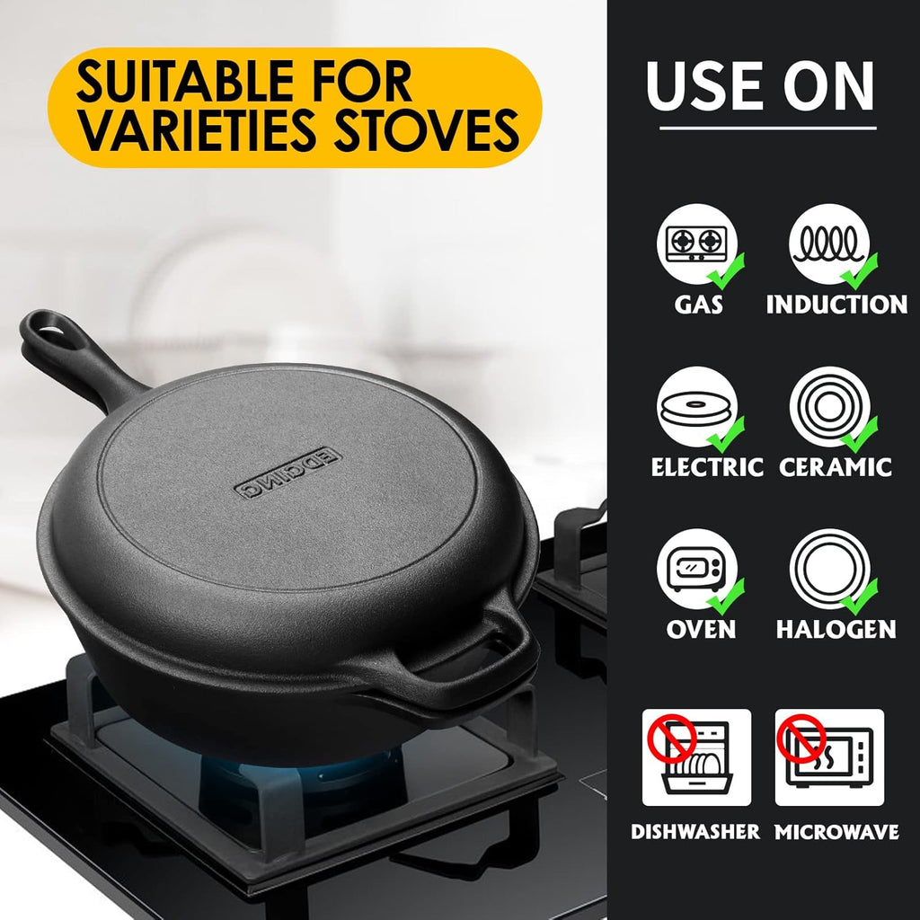 2-in-1 Pre-Seasoned Cast Iron Dutch Oven Pot with Skillet Lid Cooking Pan, Cast Iron Skillet Cookware Pan Set with Dual Handles Indoor Outdoor for Bread, Frying, Baking, Camping, BBQ, 5QT - Grand Goldman