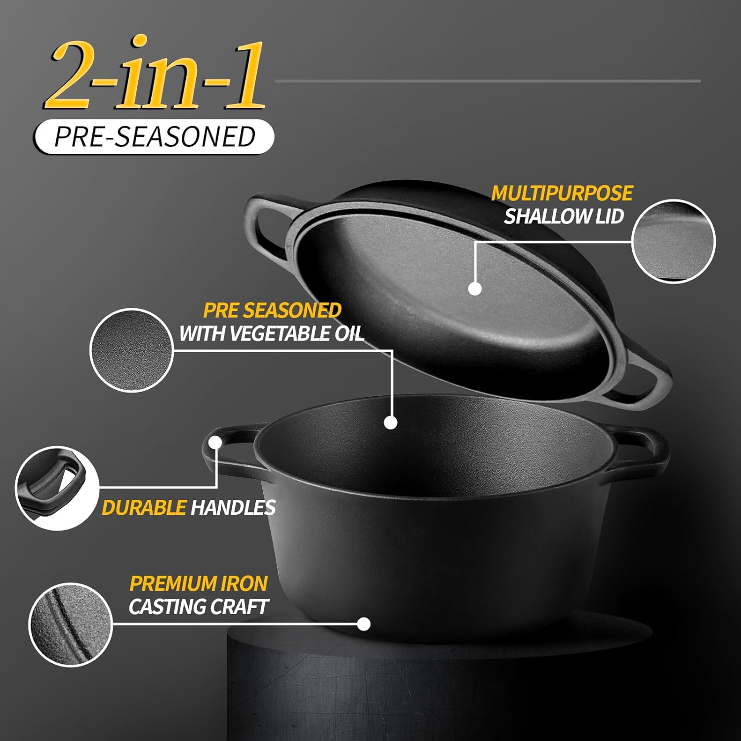 2-in-1 Pre-Seasoned Cast Iron Dutch Oven Pot with Skillet Lid Cooking Pan, Cast Iron Skillet Cookware Pan Set with Dual Handles Indoor Outdoor for Bread, Frying, Baking, Camping, BBQ, 5QT - Grand Goldman